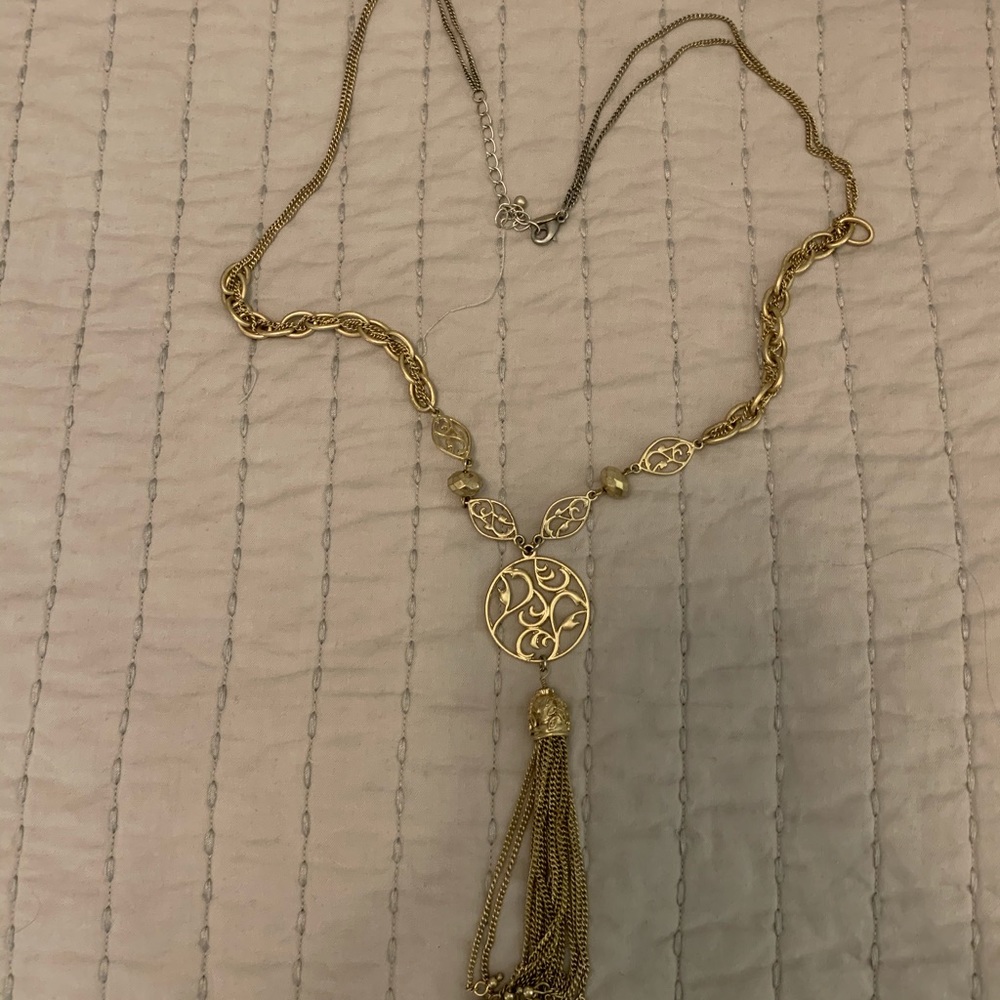 Lia Sophia brushed gold finish necklace long.